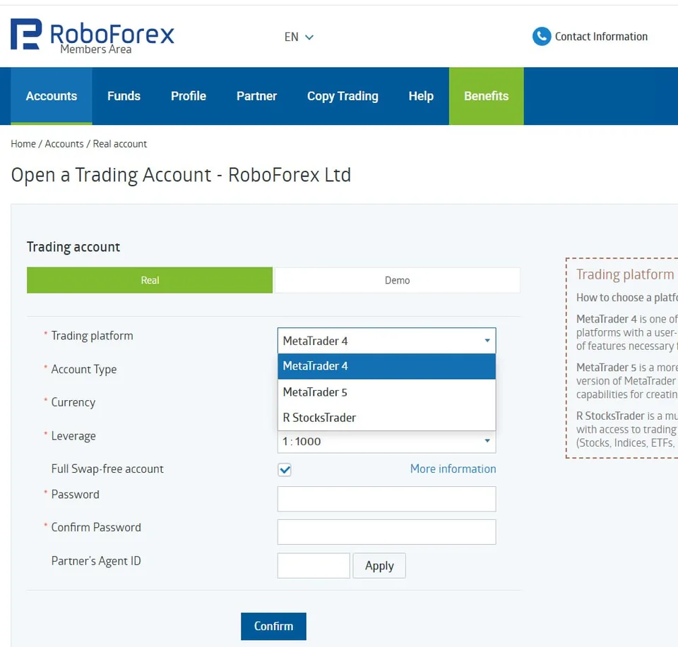 RoboForex member area: Open a Trading Account platform selector showing MetaTrader 4, MetaTrader 5 and R StocksTrader
