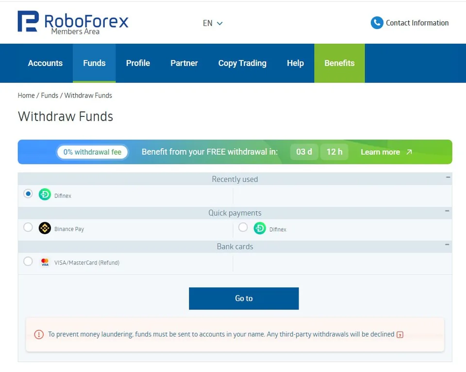 RoboForex member area: Withdraw Funds page showing Difinex, Binance Pay and Visa/Mastercard methods with 0% withdrawal fee